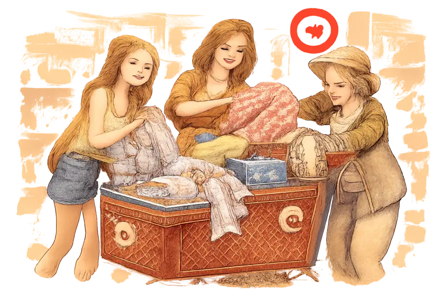 Three generations of shoppers loading a Target cart with Roller Rabbit pajamas and luggage.