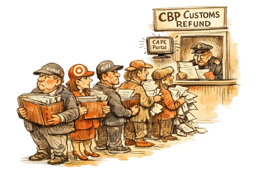 A queue of retailers at a CBP customs refund window, with large brands at the front holding organized binders and smaller brands trailing behind with loose invoices