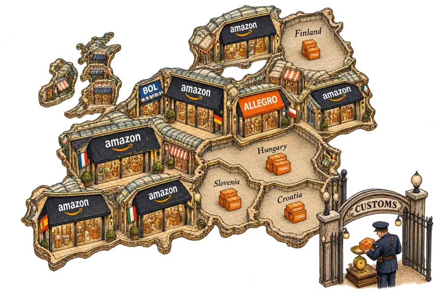 A map of Europe drawn as a shopping arcade, with Amazon, Allegro and Bol shopfronts across most countries, bare units holding Temu parcels in Finland, Hungary, Croatia and Slovenia, and a customs officer weighing one small parcel at the gate.