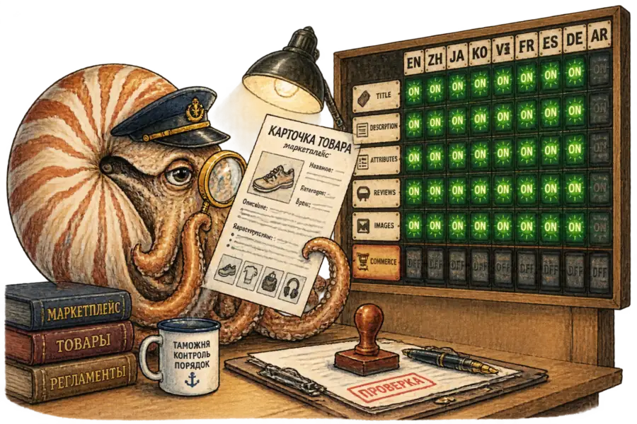 A nautilus at an inspection desk holding a Russian-language marketplace listing form up to a lamp, while a scoreboard of language columns behind it stays lit except for one dark row marked COMMERCE.