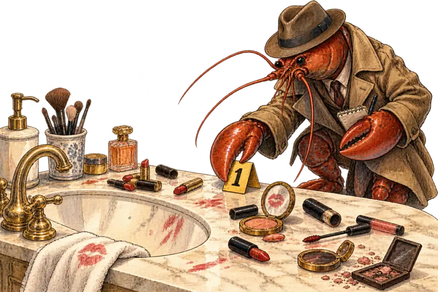 A lobster in a rumpled detective's coat crouches beside a cluttered bathroom vanity, placing a numbered evidence marker next to a scattering of lipsticks