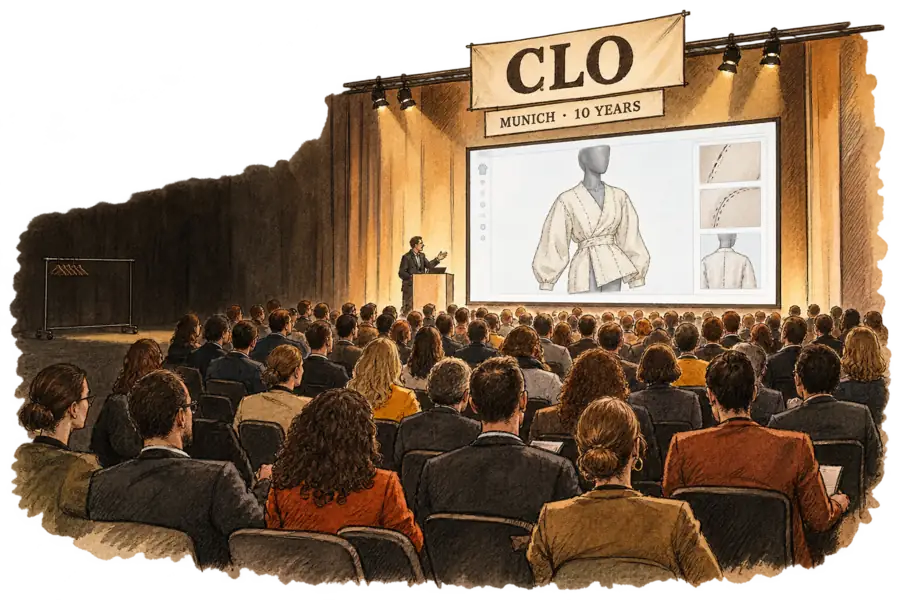 A packed Munich conference hall faces a screen showing a 3D garment on an avatar, under a hand-lettered CLO banner, while an empty sample rail stands at the back of the room.