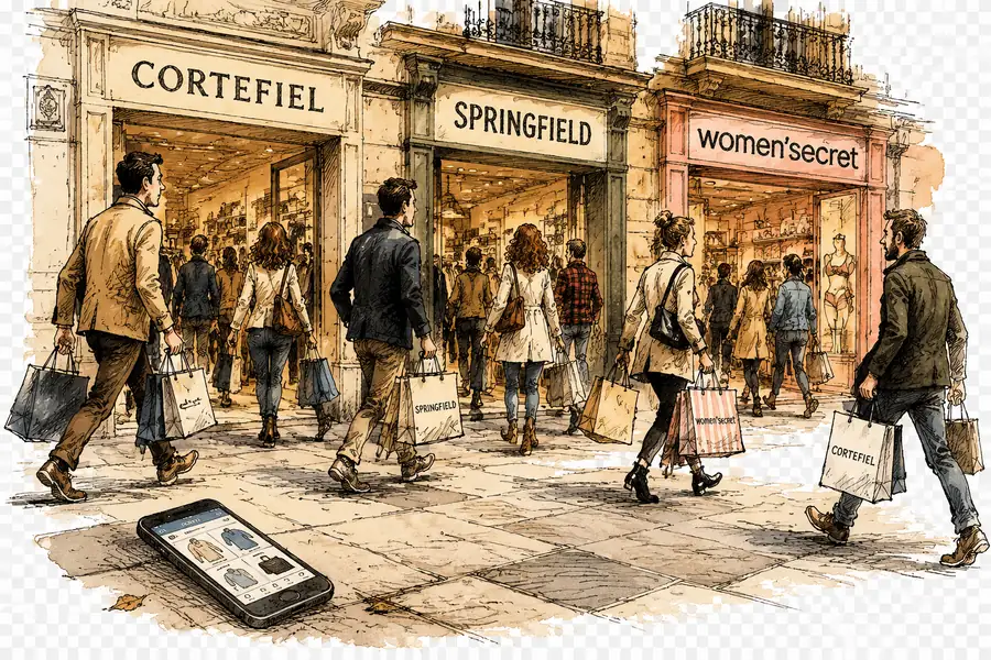 Shoppers crowding into a Tendam-brand store while a phone showing a shopping app lies ignored on the pavement