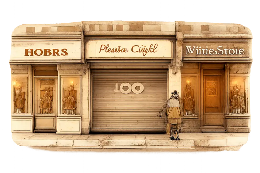 A row of British high-street shopfronts lettered Hobbs, Phase Eight and White Stuff, a steel shutter half rolled down over one dark doorway while its brand sign stays lit, the number 100 chalked on the shutter.