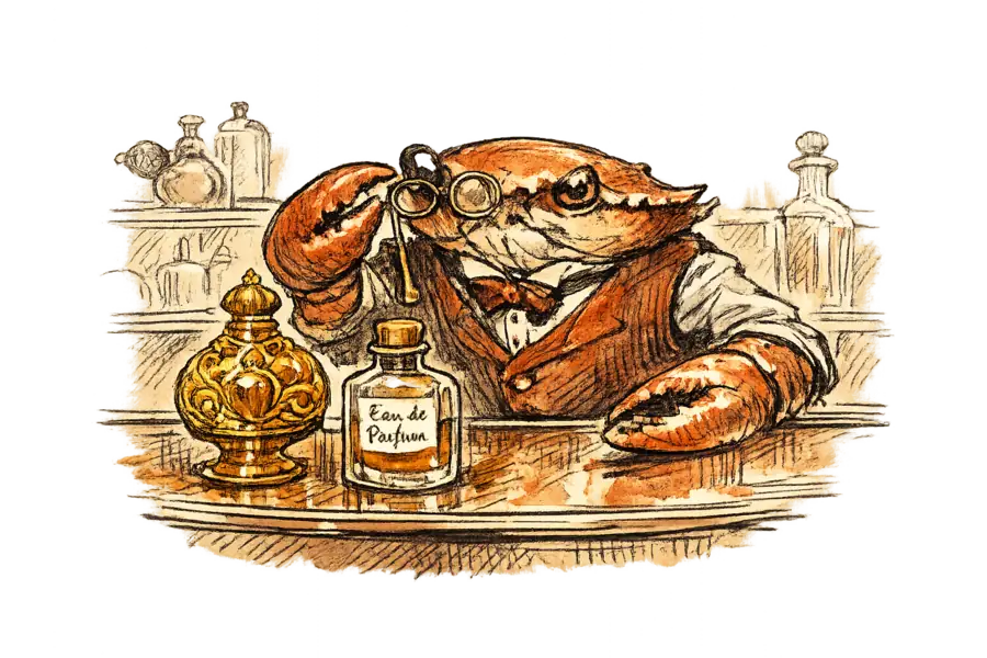 A crab in a waistcoat examines two perfume bottles through a lorgnette at a department store counter, one ornate and gilded, the other plain glass, both containing identical amber liquid