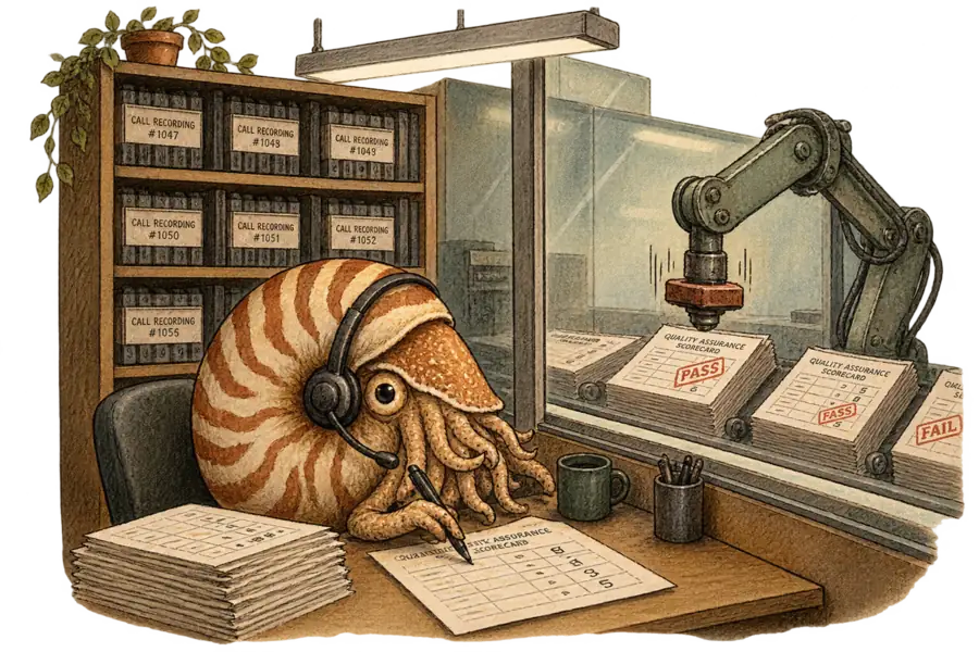 A nautilus in a headset grades call scorecards by hand inside a quality-assurance booth while a machine stamps its own verdict on the same calls behind glass