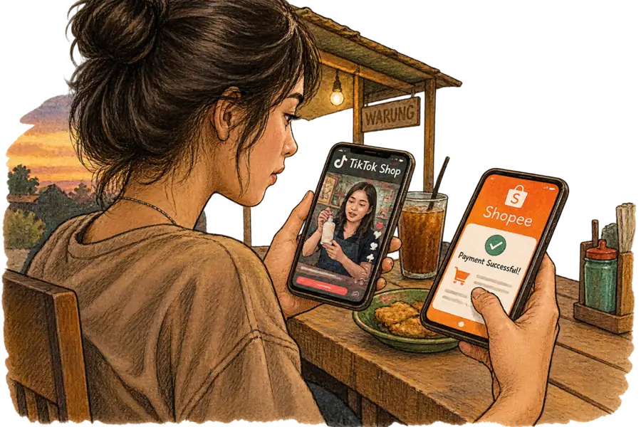 A shopper in Indonesia holds two phones at once: the left playing a TikTok Shop video, the right showing a Shopee checkout confirmation.