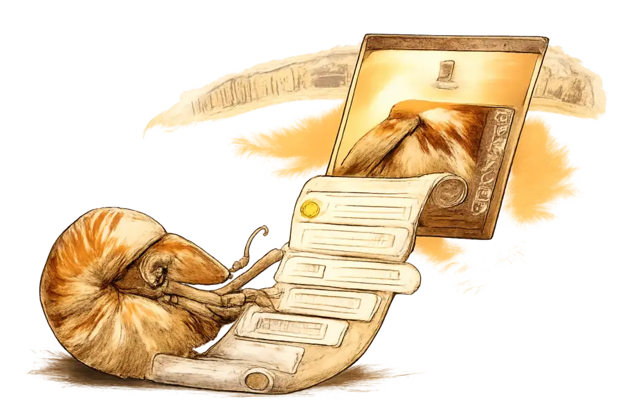 A nautilus reads a long scroll of comment bubbles spilling out below a TikTok video frame; the creator silhouette above is unattended.