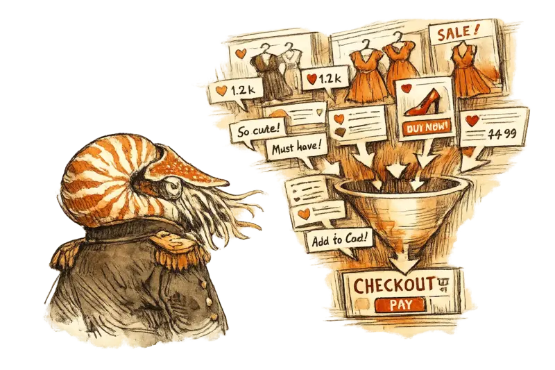 A nautilus in a military jacket studies a wall of live shopping screens filled with apparel, comments, and checkout signals.