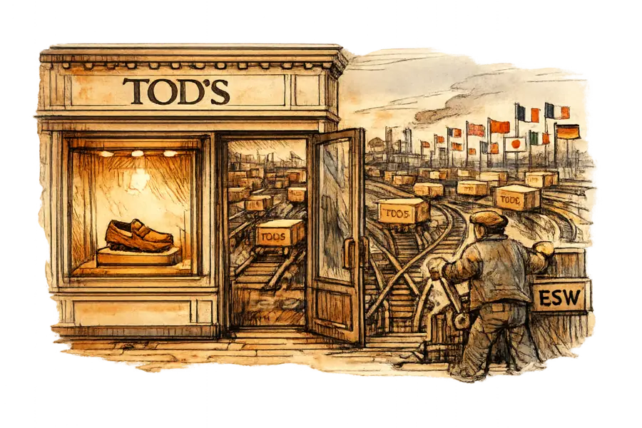 A Tod's boutique facade opening onto a cross-border logistics switching yard operated by an outside vendor.