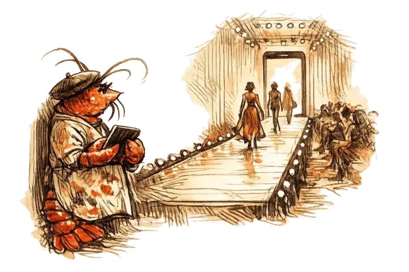 A female lobster in a paint-stained smock stands at the wing of a fashion runway, tablet in hand, watching models walk toward a glowing phone screen at the far end