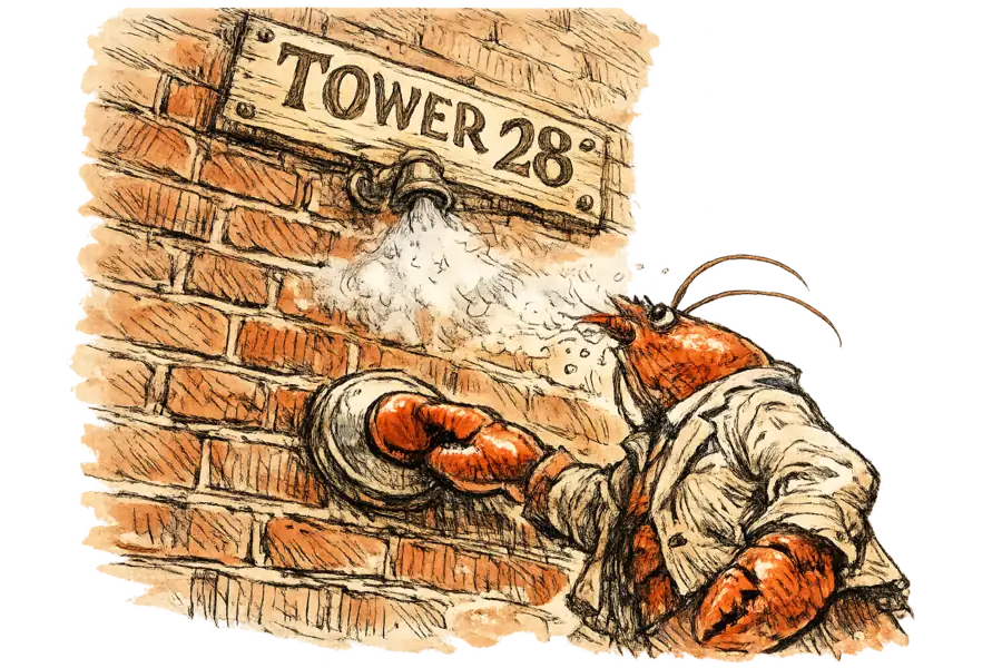 A lobster in a rumpled linen blazer presses a large round button on a brick wall and catches a mist from the nozzle above, beneath hand-lettered Tower 28 signage.
