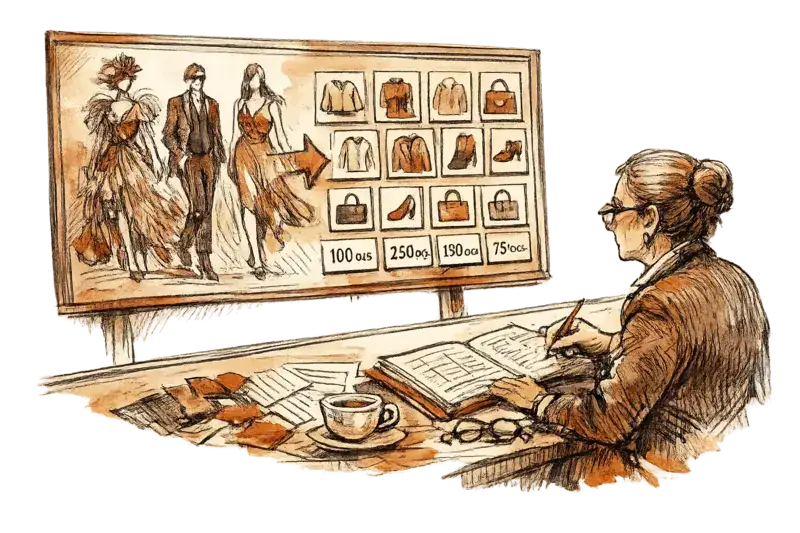 A fashion buyer studies runway images as they resolve into wholesale product cards on a single board.