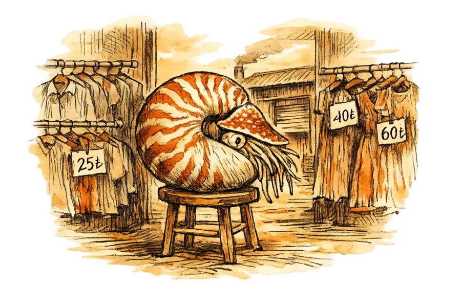 A nautilus shell observing a Turkish garment market with lira-priced clothing racks and a shuttered factory behind it.