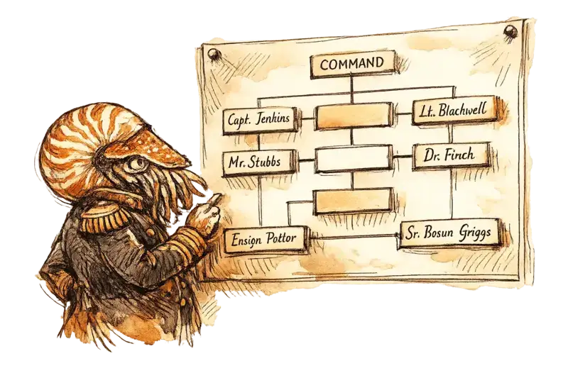Admiral Neritus Vale studying a large org chart on a wall, some boxes filled with names and two conspicuously blank