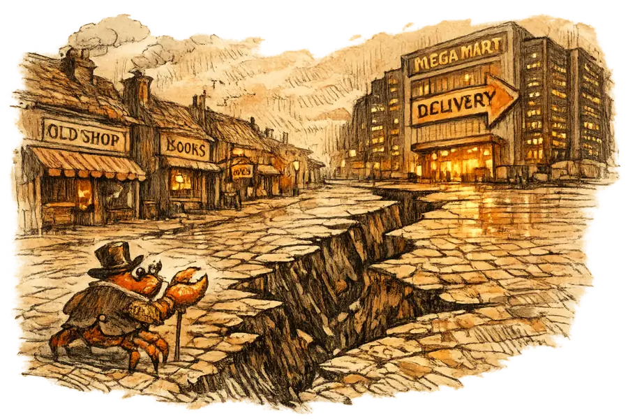 A crack splits a high street between dim shuttered independent shops and a glowing arrow-marked megastore, with a waistcoated crab watching the gap widen.