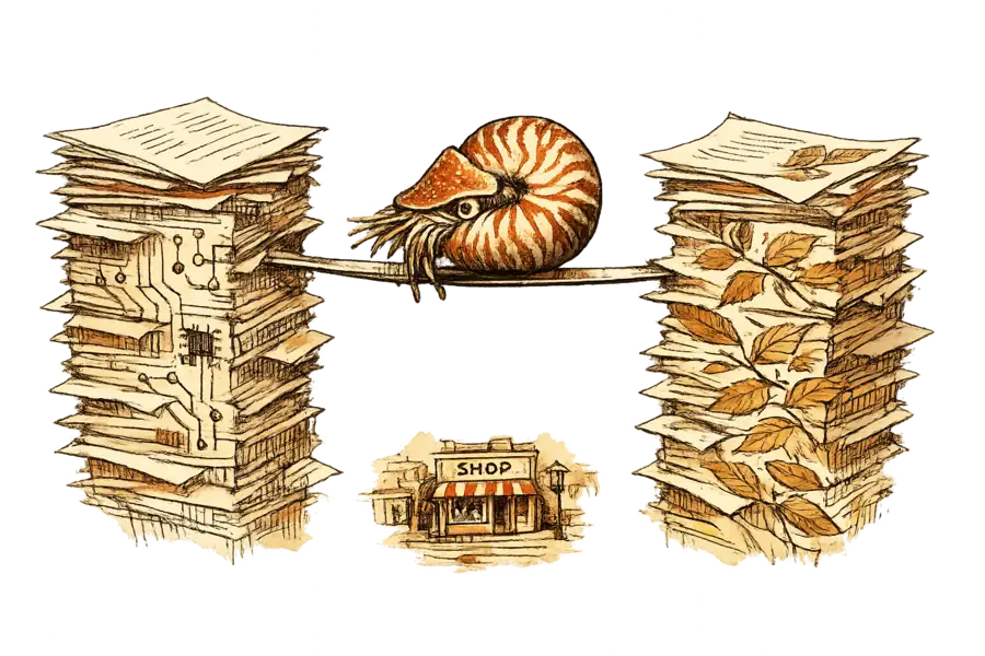 A nautilus balanced between towering stacks of digital and environmental regulations above a small shopfront