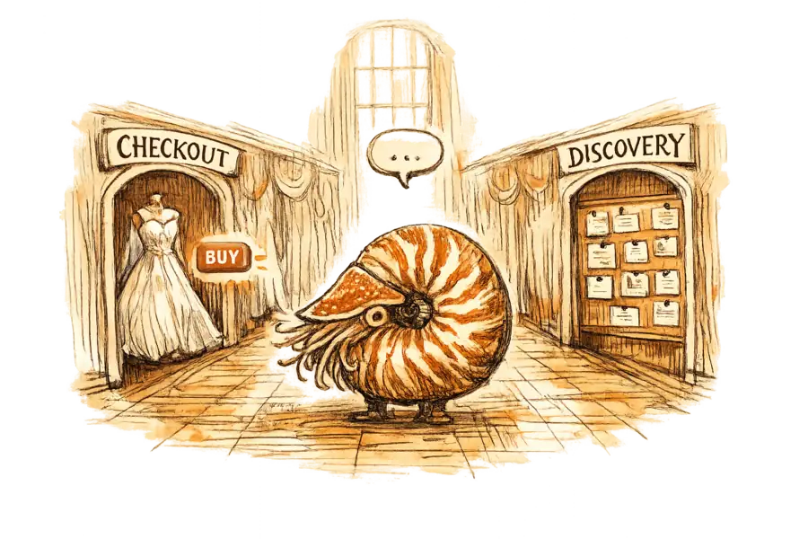 A nautilus in a bridal-shop aisle facing two doorways: one marked CHECKOUT with a gown inside, one marked DISCOVERY with a vendor directory
