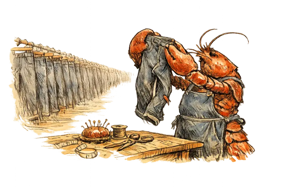 A lobster in a denim apron inspects a single pair of jeans by the light while a long rack of identical garments recedes, untouched, behind her.