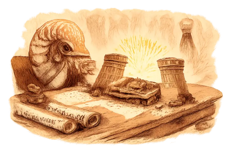 A nautilus scholar at a desk inspects two toppled towers labelled USER and ITEM while a glowing GPU rises between them.
