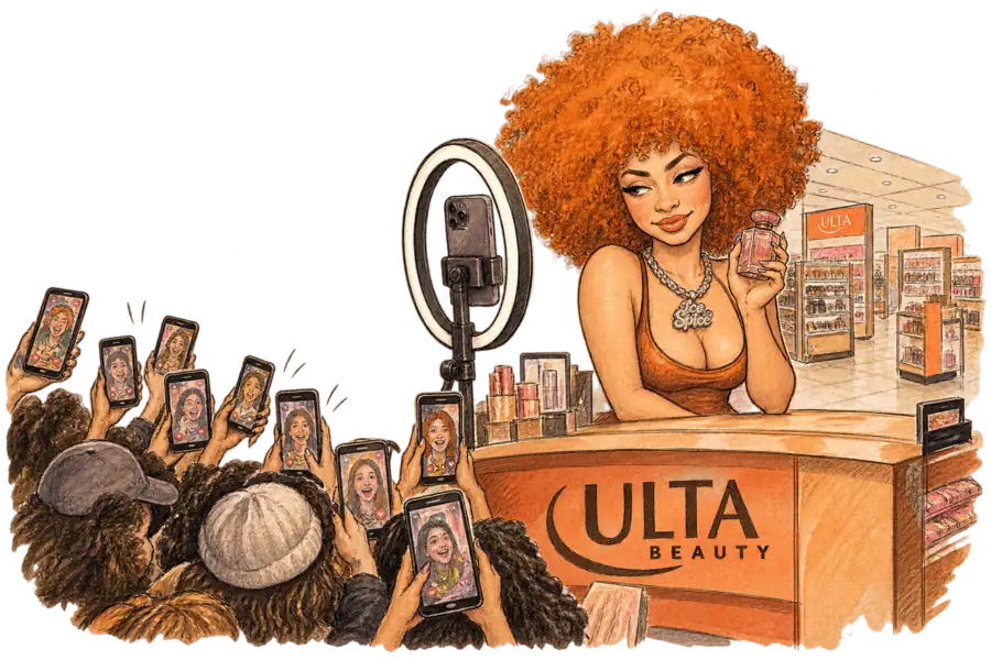 Caricature of rapper Ice Spice hosting a phone livestream from behind a counter hand-lettered 'ULTA BEAUTY', a crowd of small phone-screen faces pressing toward her rather than the shop.