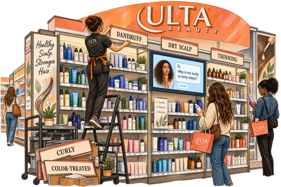 An Ulta associate on a step stool swaps hair-aisle shelf signs reading 'curly' and 'color-treated' for new ones reading 'dandruff' and 'dry scalp', watched by a small screen mounted on the fixture.