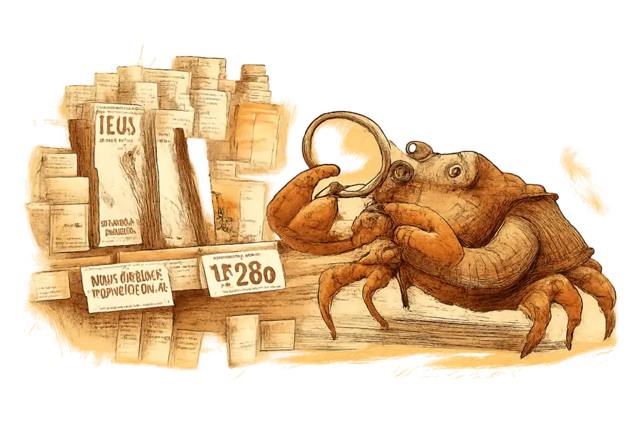 A Victorian crab examines a Japanese eyeliner tube on a drugstore shelf with two price tags