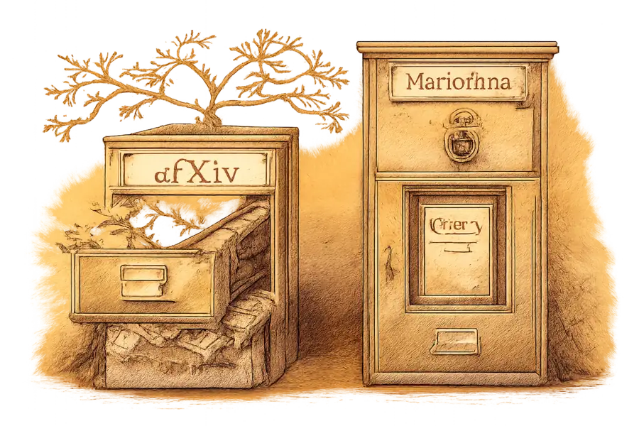 Two filing cabinets side by side, one labeled arXiv overflowing with Valley3 papers stamped with the ByteDance logo and a citation tree branching out, the other labeled Marketing containing only a single glossy Rufus pitch deck behind the Amazon arrow