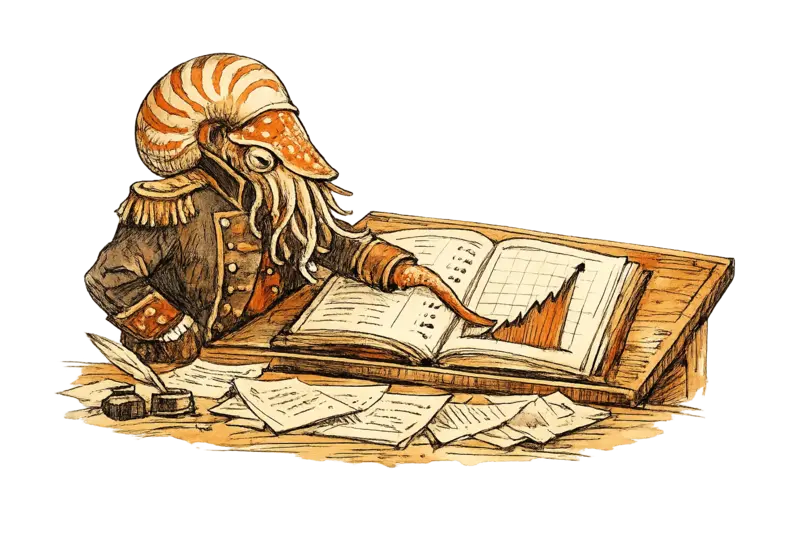 Admiral Neritus Vale studies a ledger showing two valuation columns — one flat, one spiking upward