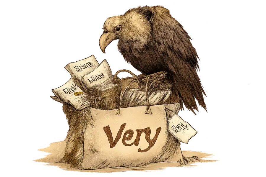 A vulture perched on a Very-branded shopping bag that overflows with loan ledgers and credit statements instead of clothes.