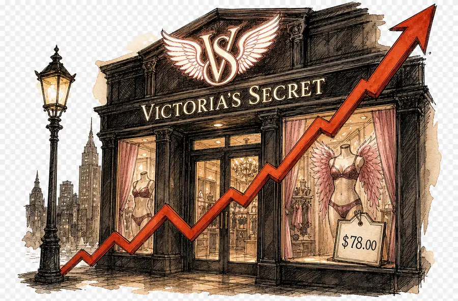 A Victoria's Secret storefront with the winged wordmark, a steep red stock arrow climbing past the facade, and a full-price tag in the display window.