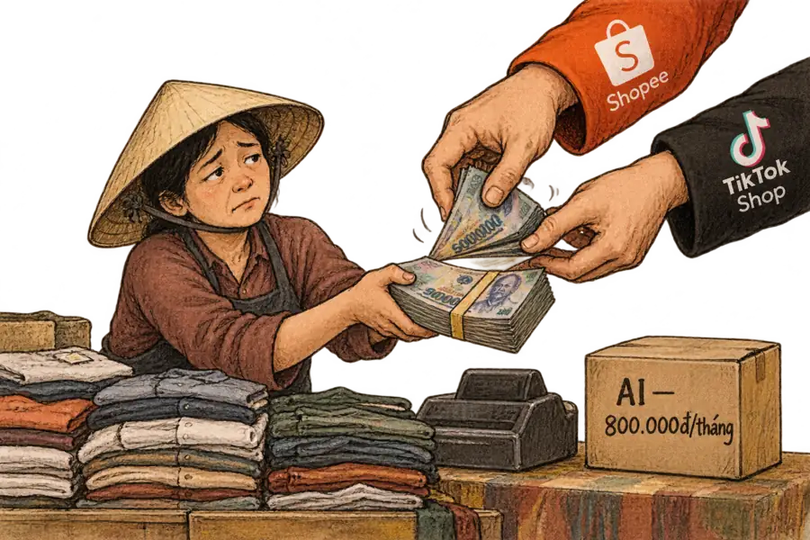 A Vietnamese market seller passing banknotes across a stall of folded shirts while a large hand bearing the Shopee bag logo and a TikTok Shop tag skims most of the notes away.