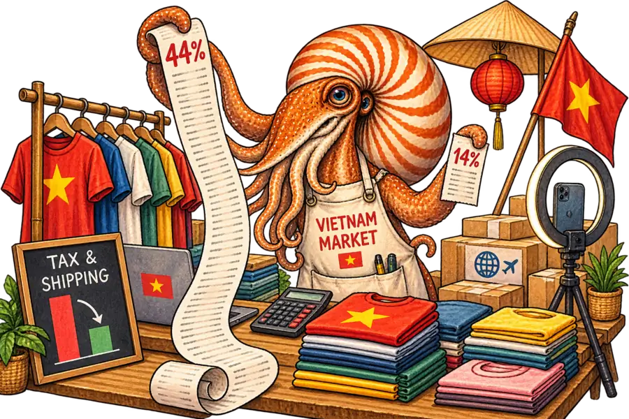 A nautilus in a merchant's apron at a Vietnamese market stall, holding two receipt tapes of unequal length marked 44% and 14%, with folded clothing stacked behind.