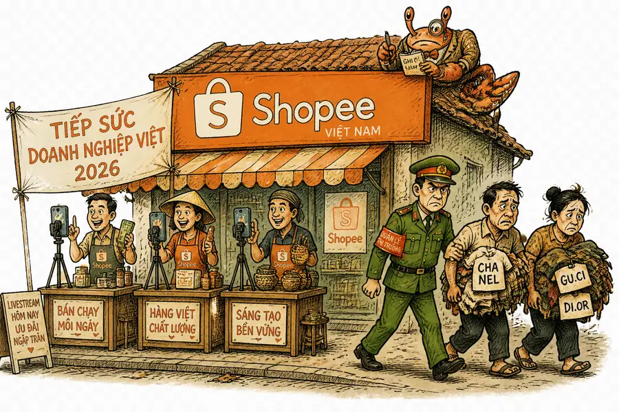 A Shopee Vietnam storefront divided in half — one side showing sellers being trained at livestream booths under a 2026 programme banner, the other side showing a market-management officer escorting shopkeepers away with confiscated counterfeit T-shirts labelled 'Cha nel' and 'Gu.ci'.
