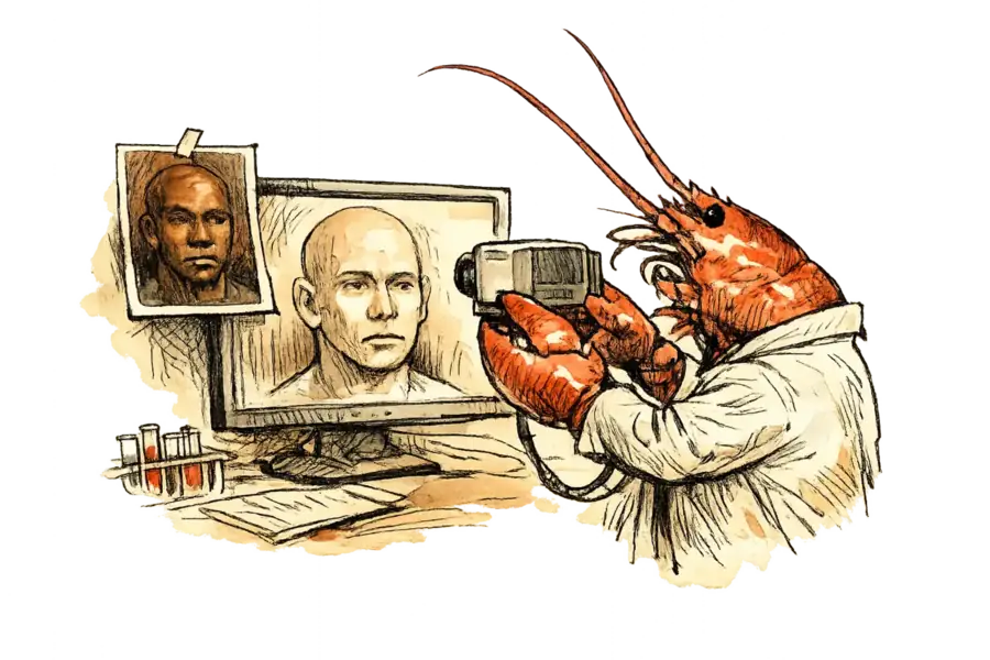 A lobster in a lab coat holds a spectrophotometer against a monitor showing a rendered face lighter than its reference photograph