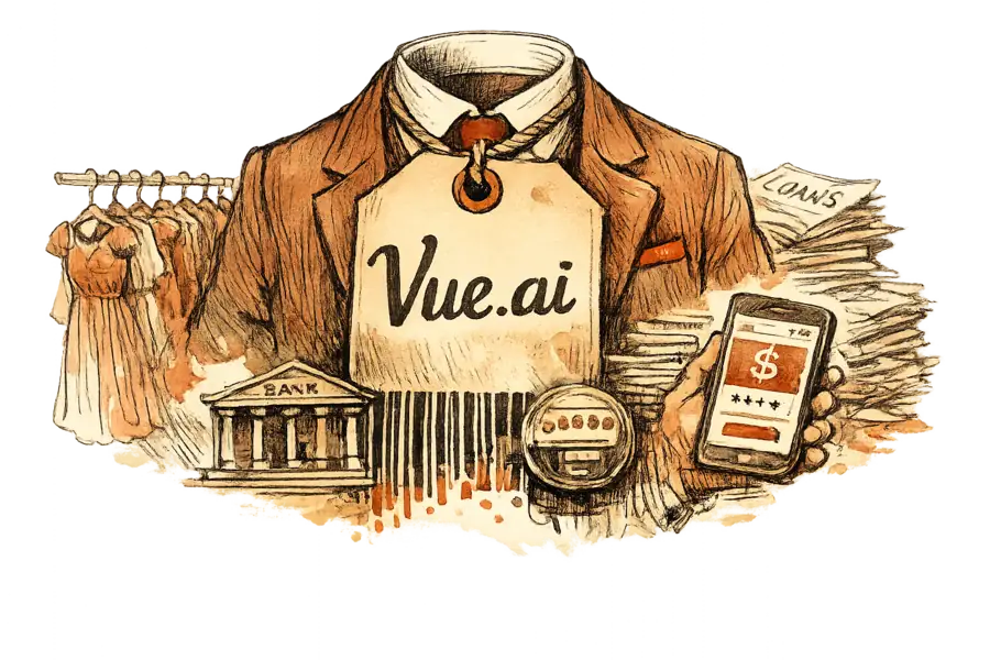 Illustration of a Vue.ai garment hang-tag whose barcode resolves into a small bank facade and a utility meter, with a rail of dresses dissolving into stacks of loan paperwork.