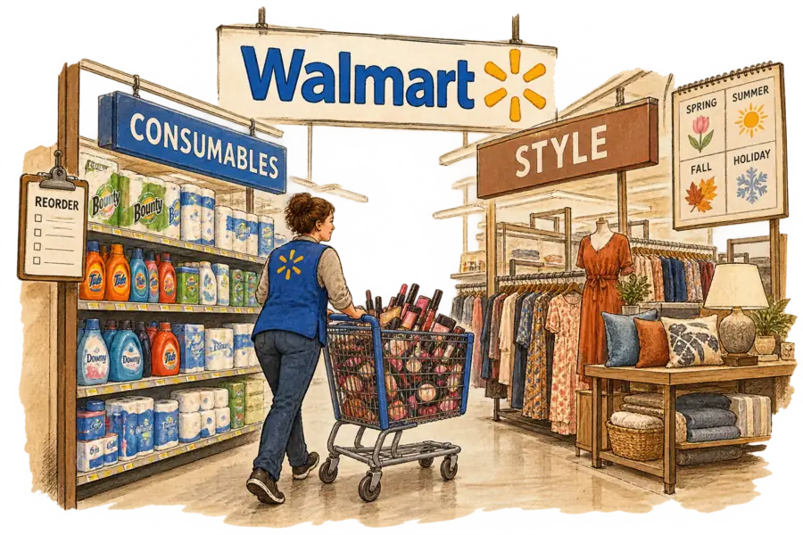 A Walmart associate wheels a cart of lipsticks and mascara out of an aisle signed 'Consumables', past paper towels and laundry detergent, towards a 'Style' department of dress racks and throw pillows beneath a seasonal wall calendar.