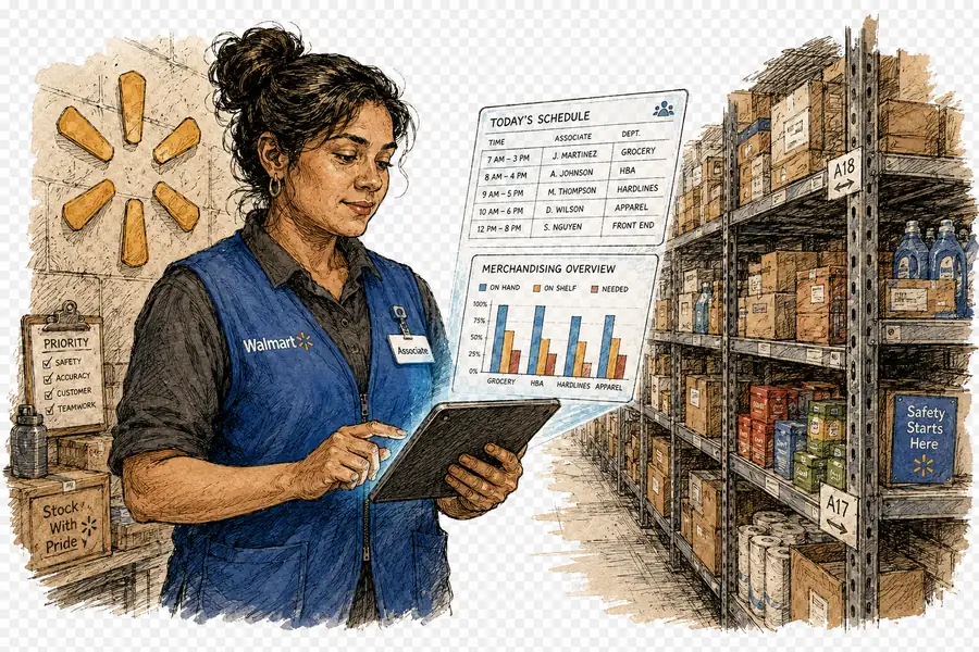 A Walmart associate in a blue vest in a stockroom aisle, holding a tablet that displays a glowing scheduling dashboard, with the Walmart spark logo on the wall behind.