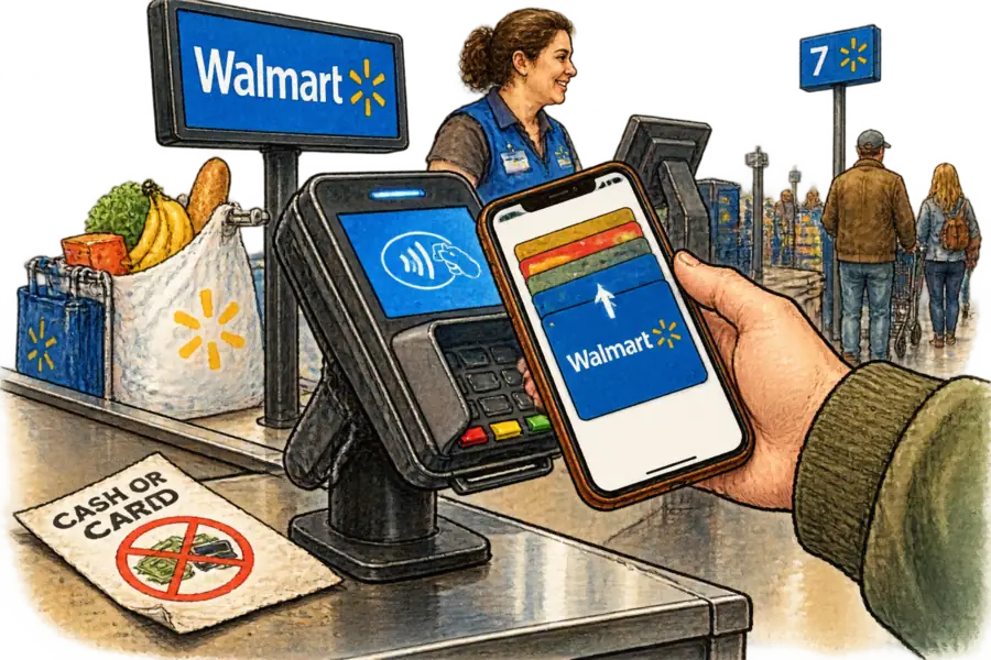A shopper taps a phone at a Walmart checkout terminal while a card bearing the Walmart name slides into the phone's wallet