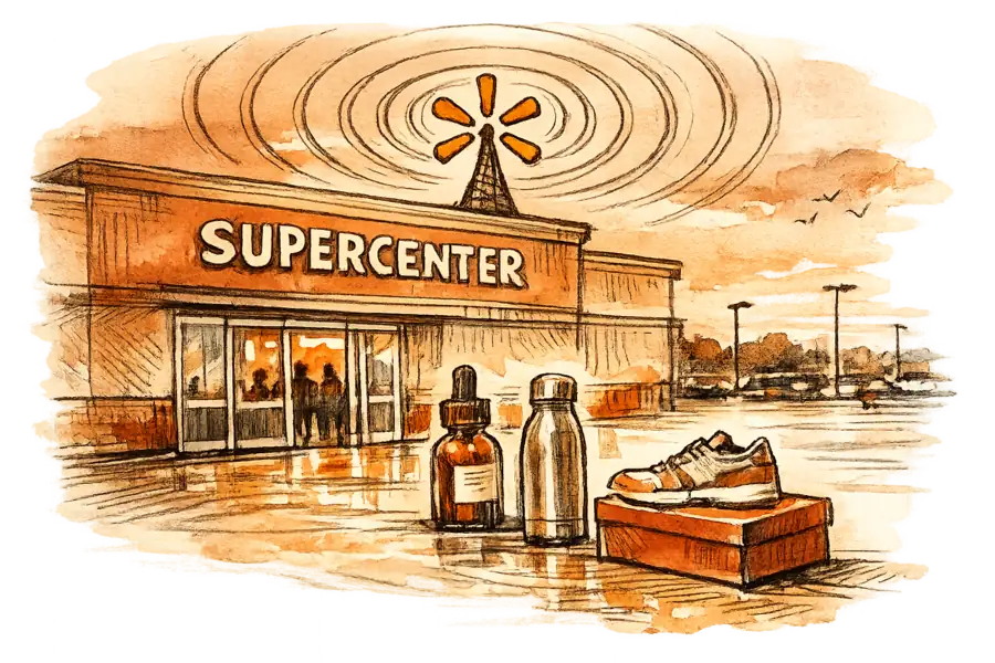 A supercenter storefront whose spark logo is drawn as a broadcast antenna, with premium products lined up at the doors.