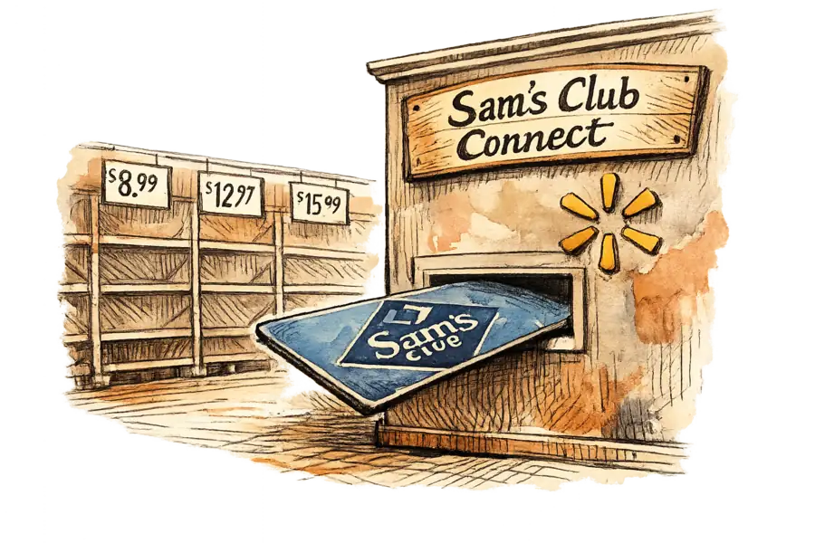 A Sam's Club membership card being slotted into a card reader built into the side of a Walmart storefront, with emptied club shelving behind it.