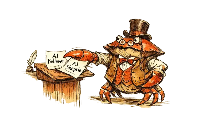 Sir John Crabstone an einem Rednerpult, der Dokumente mit der Aufschrift AI Believer und AI Skeptic beiseiteschiebt