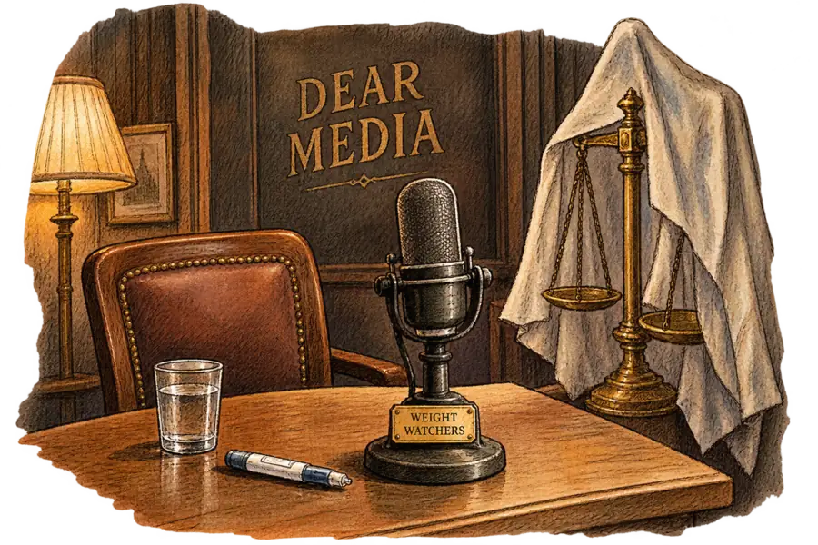 A Victorian recording booth with 'DEAR MEDIA' hand-lettered on the wall, a heavy studio microphone bearing a 'WEIGHT WATCHERS' nameplate, and a brass balance scale shoved into the corner under a dust sheet.