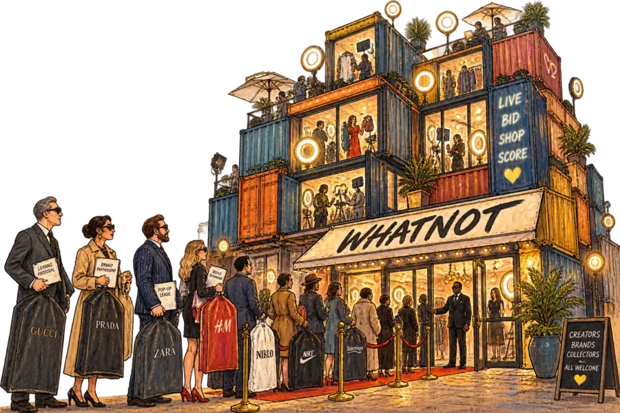 A tall apartment block built from stacked shipping crates with WHATNOT hand-lettered across its awning, and fashion-brand executives queuing outside holding garment bags and lease papers