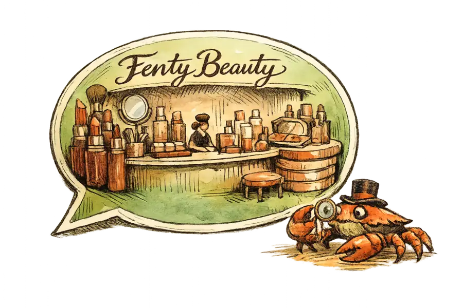 A beauty counter built inside a WhatsApp chat bubble, with a monocled crab examining Fenty products