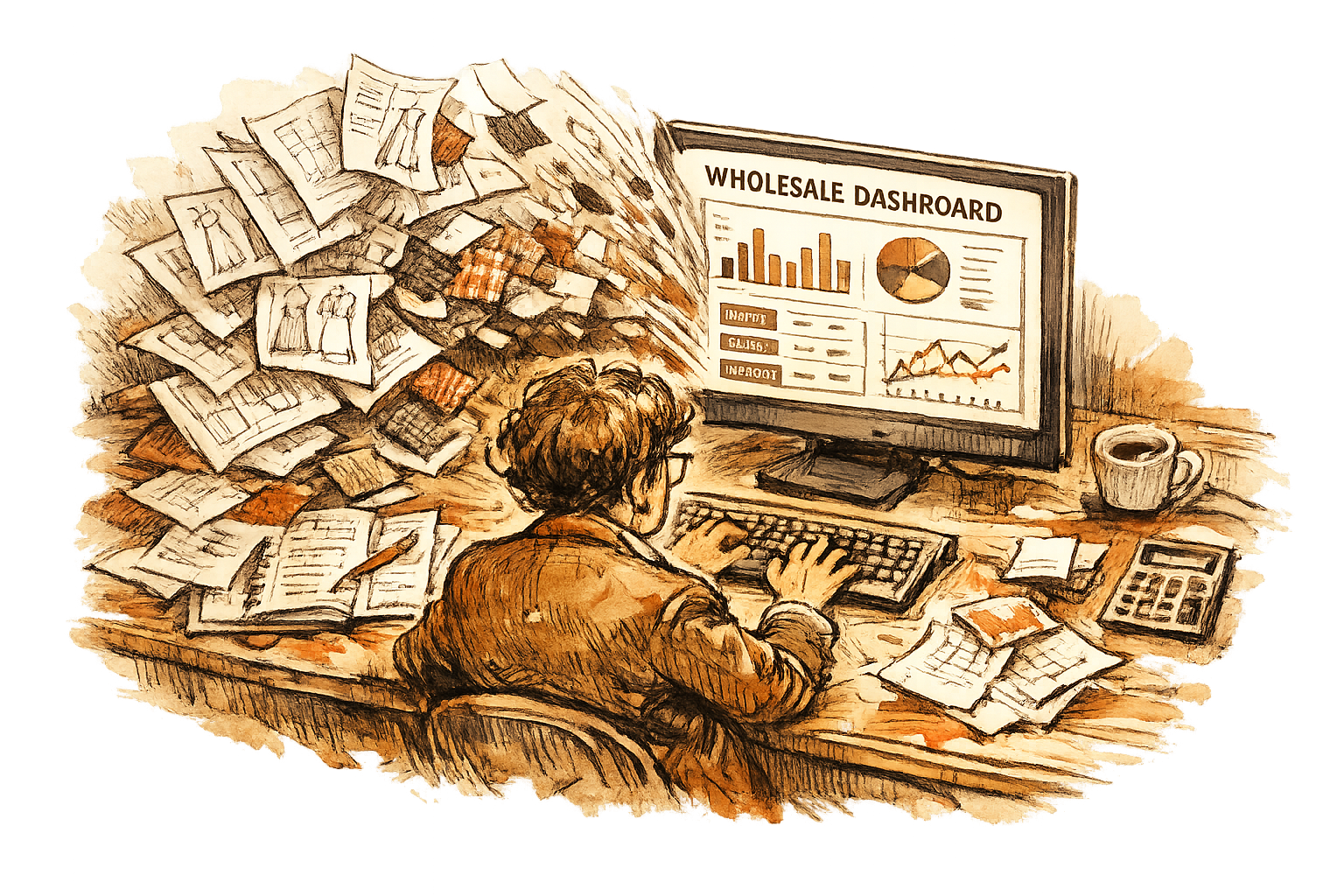 A fashion buyer at a cluttered desk watches paper line sheets and fabric swatches collapse into a single wholesale dashboard on screen, overhead angle, clinical mood.