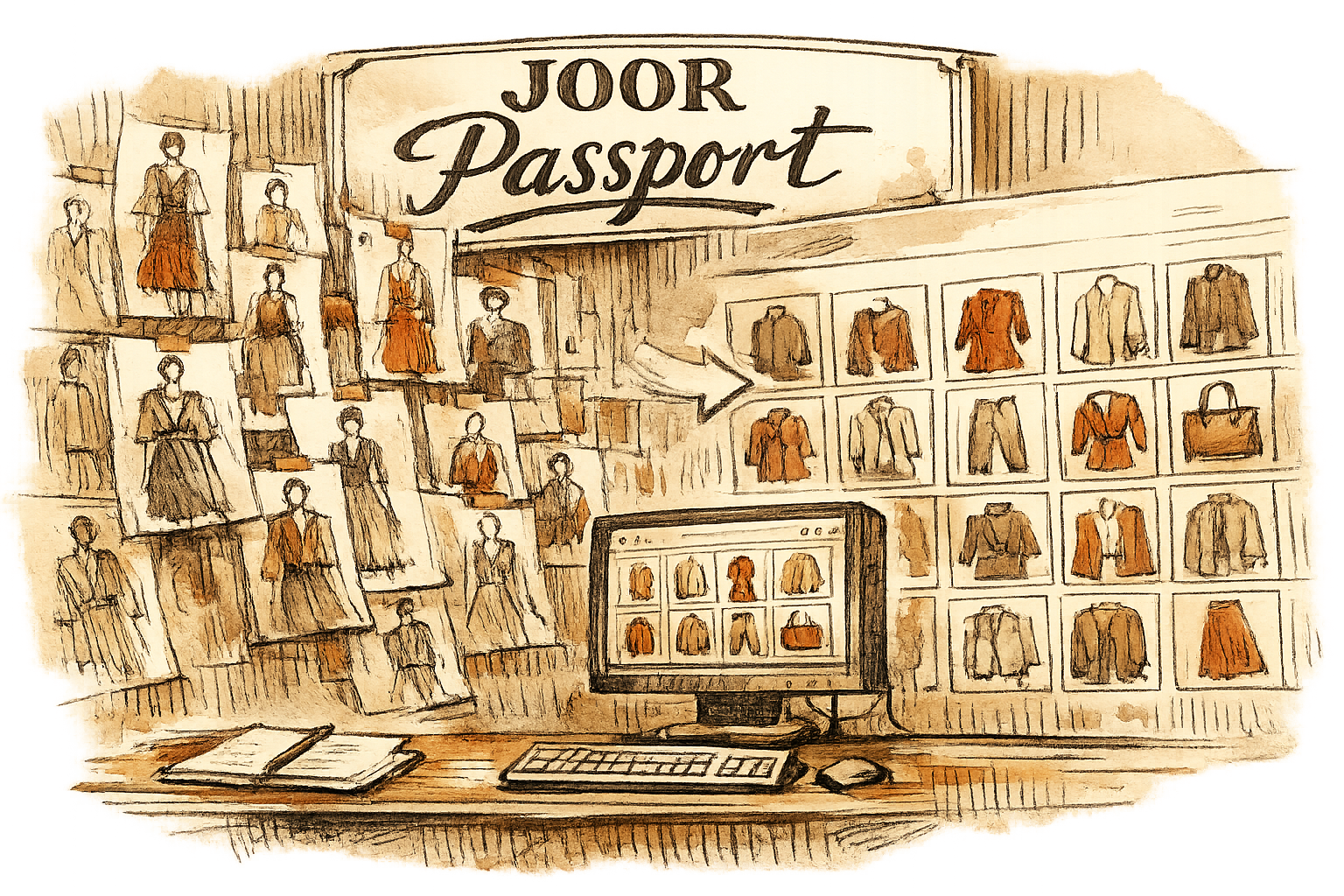 A showroom wall covered in runway sketches transforms into sortable garment tiles beneath a hand-lettered JOOR Passport sign, eye-level framing, observational mood.