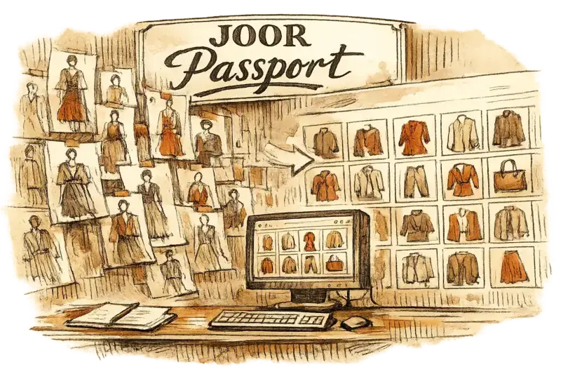 A showroom wall covered in runway sketches transforms into sortable garment tiles beneath a hand-lettered JOOR Passport sign, eye-level framing, observational mood.