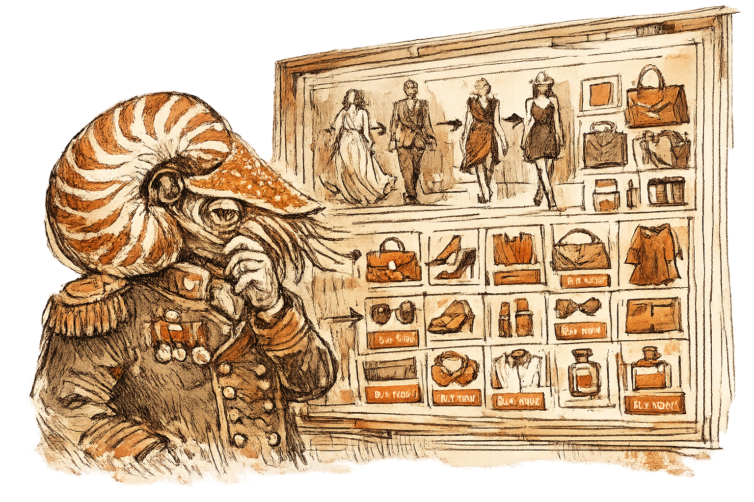 A nautilus in a military jacket studies a wholesale assortment board where runway looks turn into product tiles and order controls.