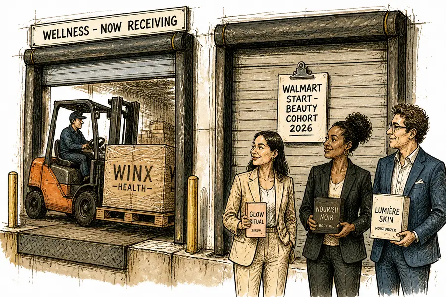 Two Walmart loading-dock doors: a wellness door rolled up and receiving a Winx Health pallet, a beauty door closed with a Walmart Start cohort clipboard pinned to it while founders wait outside.